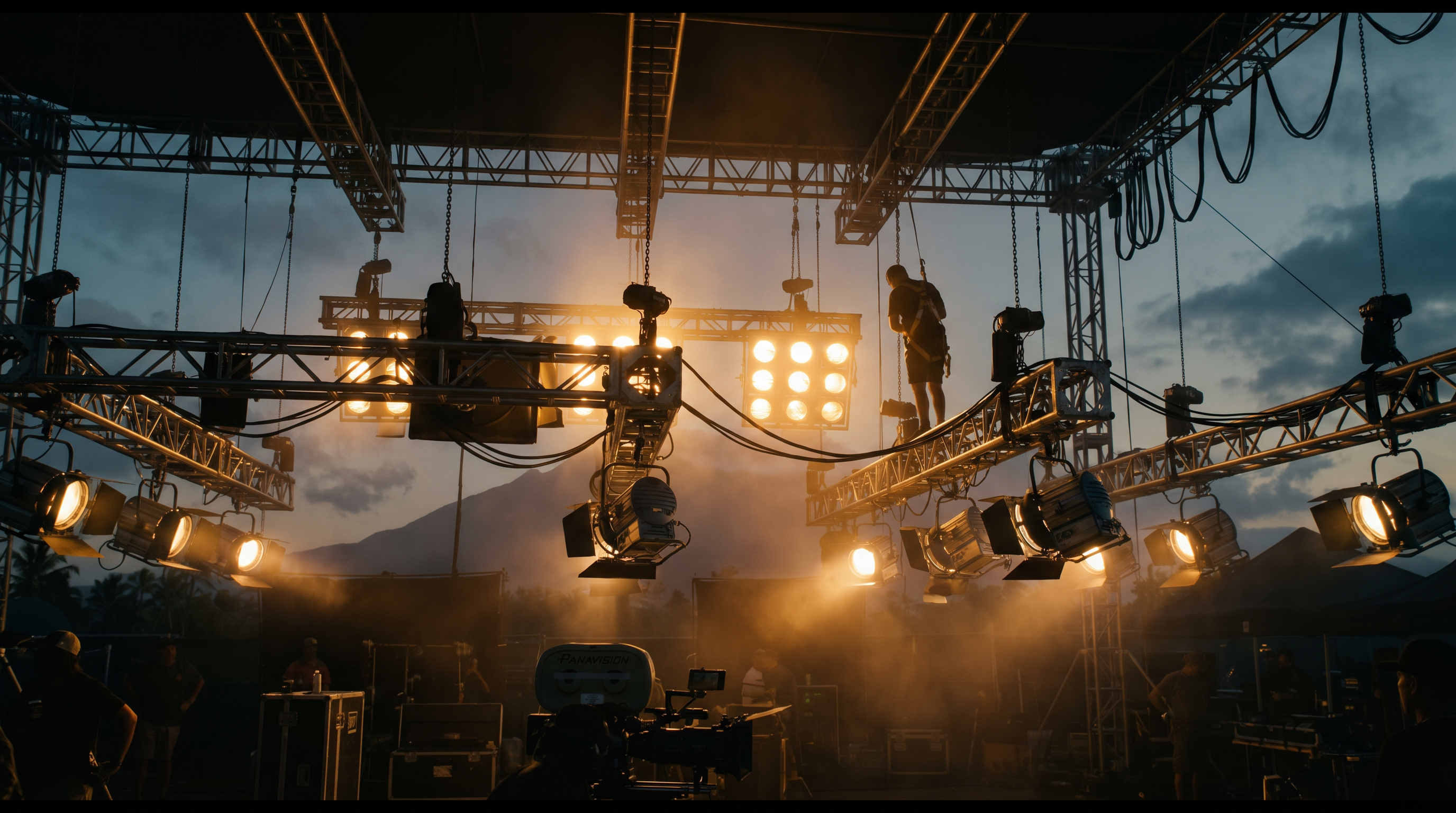 A film-set lighting grid lit by powerful fixtures at dusk in Hawaii